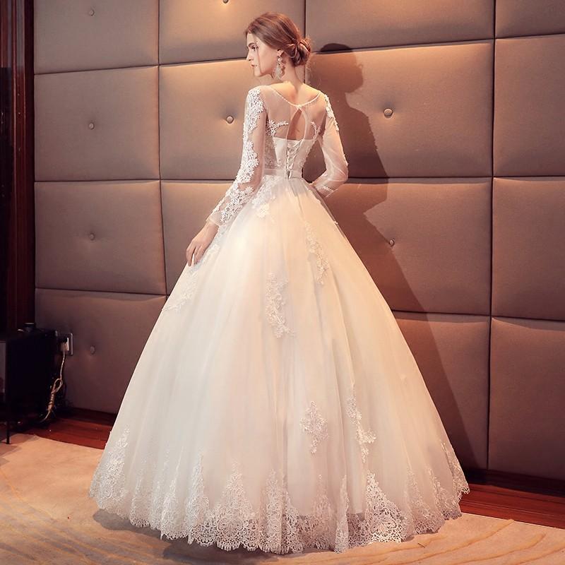 ウエディングドレス 結婚式 二次会 ウェディングドレス 花嫁 エンパイア 長袖 安い プリンセス 披露宴 ロングドレス ブライダル 白 サッシュベルト_3