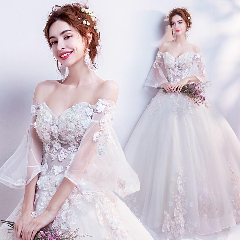 ウエディングドレス 安い 長袖 ロングドレス 結婚式 プリンセス 二次会 ウェディングドレス 花嫁 ブライダル エンパイア Ｖカット 披露宴 大きいサイズ