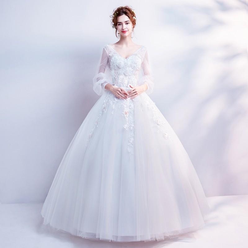 ウエディングドレス 結婚式 ロングドレス 安い プリンセス 長袖 二次会 ふわふわスカート 花嫁 エンパイア ブライダル Ｖカット 演奏会 大きいサイズ_1
