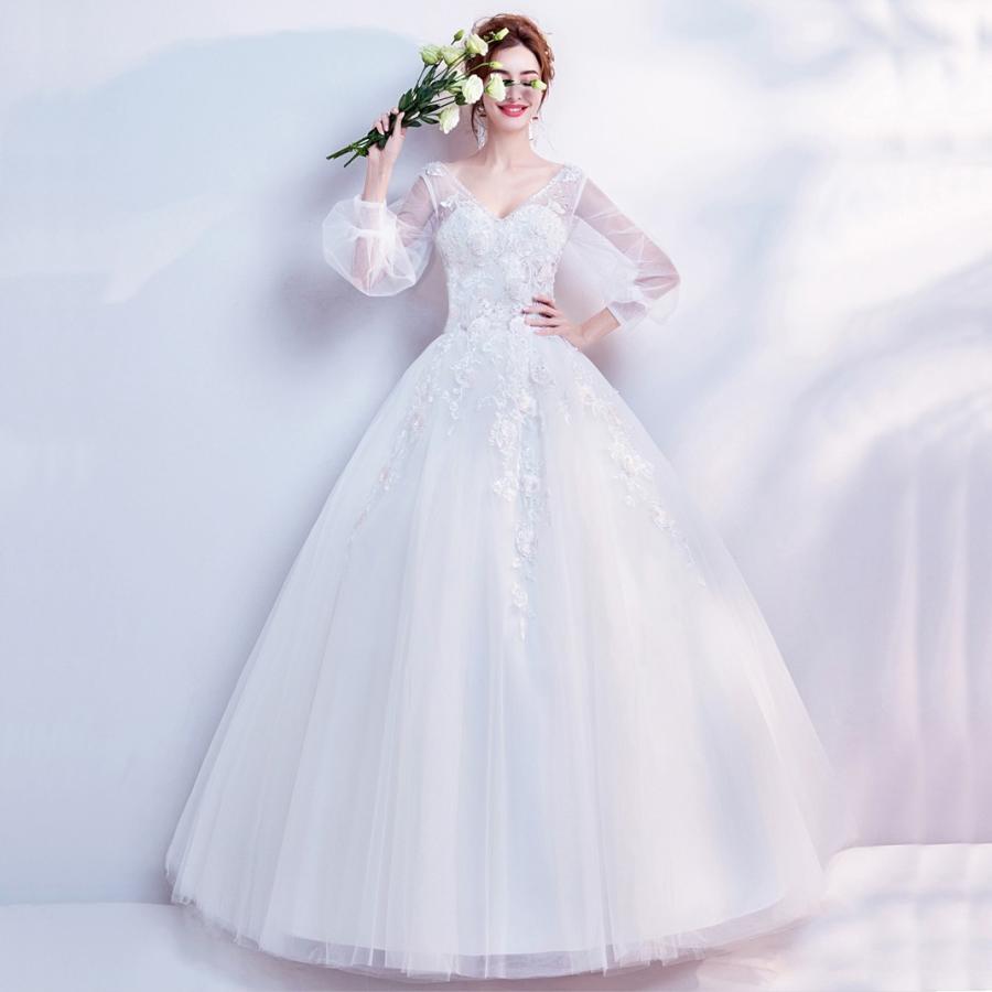 ウエディングドレス 結婚式 ロングドレス 安い プリンセス 長袖 二次会 ふわふわスカート 花嫁 エンパイア ブライダル Ｖカット 演奏会 大きいサイズ_2