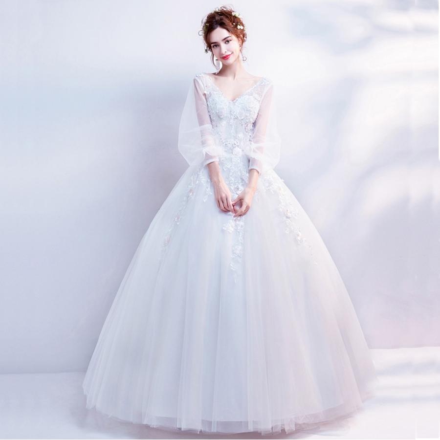 ウエディングドレス 結婚式 ロングドレス 安い プリンセス 長袖 二次会 ふわふわスカート 花嫁 エンパイア ブライダル Ｖカット 演奏会 大きいサイズ_3
