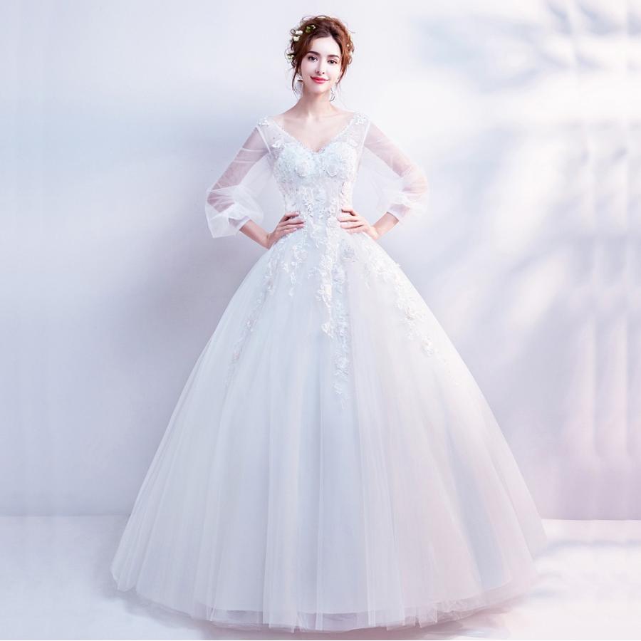 ウエディングドレス 結婚式 ロングドレス 安い プリンセス 長袖 二次会 ふわふわスカート 花嫁 エンパイア ブライダル Ｖカット 演奏会 大きいサイズ_4