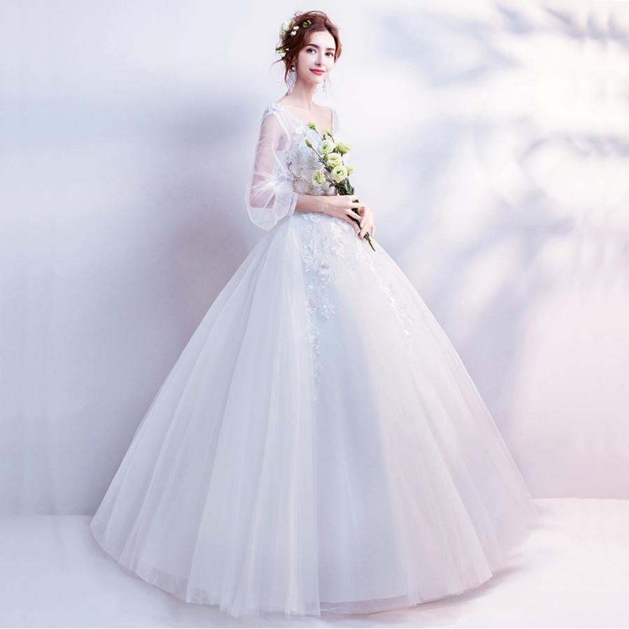 ウエディングドレス 結婚式 ロングドレス 安い プリンセス 長袖 二次会 ふわふわスカート 花嫁 エンパイア ブライダル Ｖカット 演奏会 大きいサイズ_5