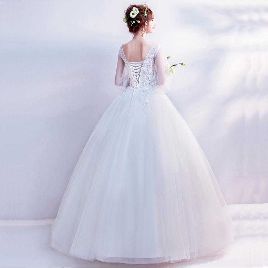 ウエディングドレス 結婚式 ロングドレス 安い プリンセス 長袖 二次会 ふわふわスカート 花嫁 エンパイア ブライダル Ｖカット 演奏会 大きいサイズ_6
