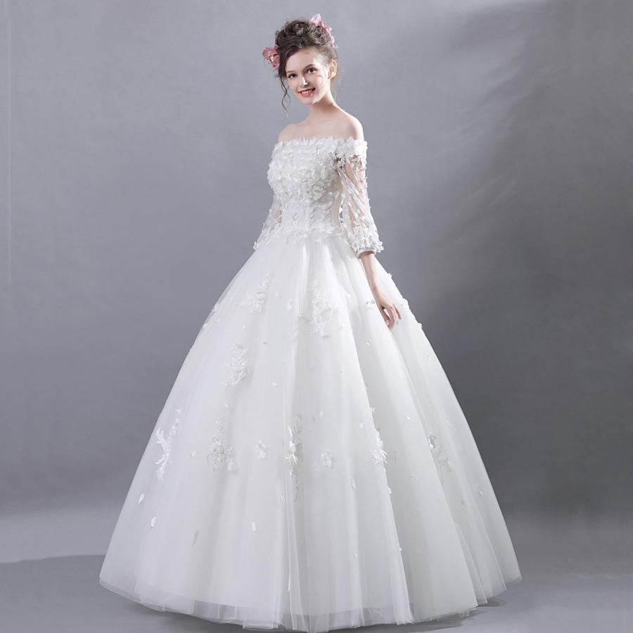 ウエディングドレス 二次会 安い ウェディングドレス エンパイア 長袖 結婚式 プリンセス 花嫁 ロングドレス ブライダル 白 秋冬 ワンショルダー 披露宴_1