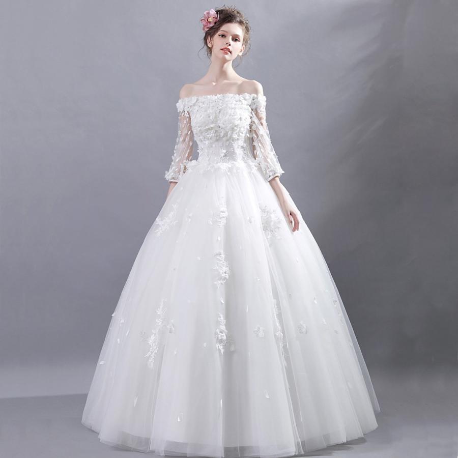 ウエディングドレス 二次会 安い ウェディングドレス エンパイア 長袖 結婚式 プリンセス 花嫁 ロングドレス ブライダル 白 秋冬 ワンショルダー 披露宴_2