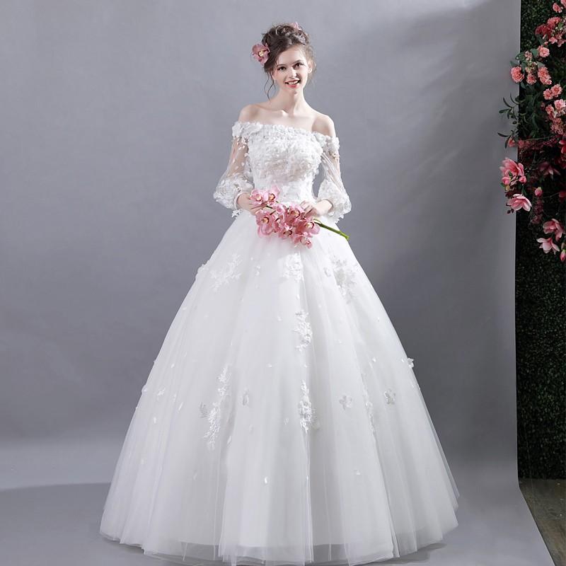 ウエディングドレス 二次会 安い ウェディングドレス エンパイア 長袖 結婚式 プリンセス 花嫁 ロングドレス ブライダル 白 秋冬 ワンショルダー 披露宴_3