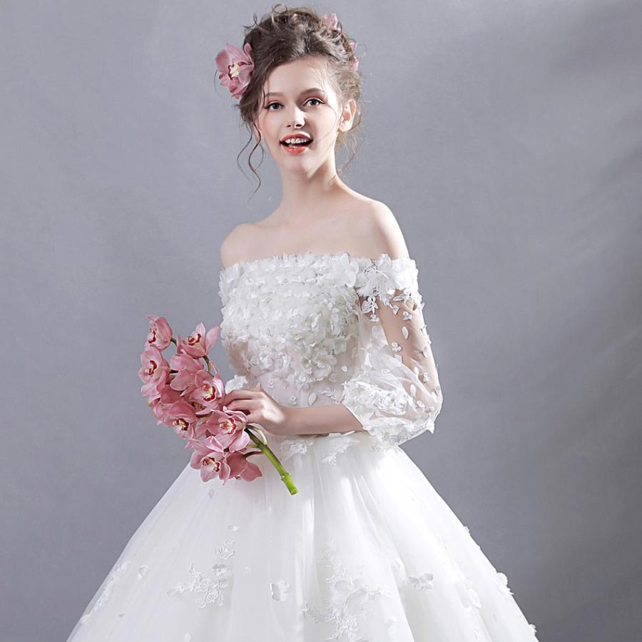 ウエディングドレス 二次会 安い ウェディングドレス エンパイア 長袖 結婚式 プリンセス 花嫁 ロングドレス ブライダル 白 秋冬 ワンショルダー 披露宴_5