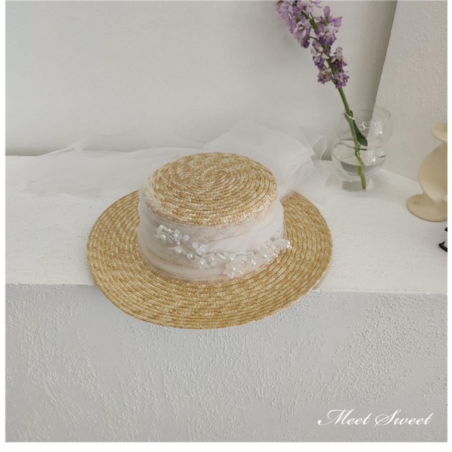 ウェディングハット 帽子 麦わら帽子 キャノチエ カンカン帽 チュール