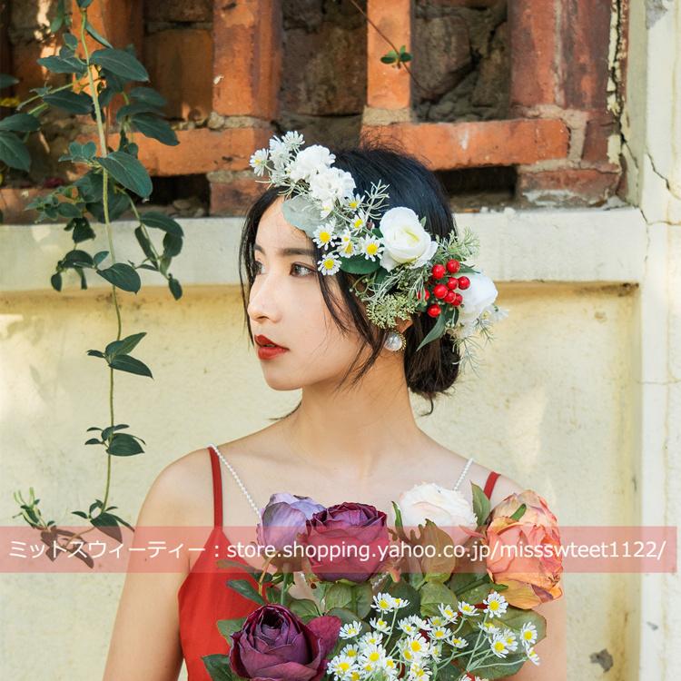 ストローハット 帽子＋花かんむり＋ベール 麦わら帽子 ウェディング