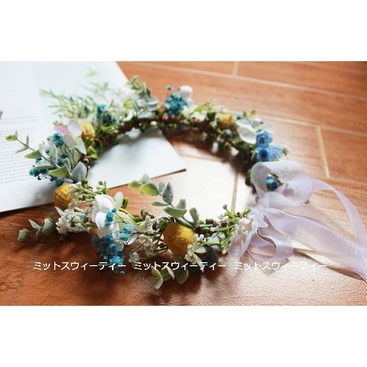 花冠 ウェディング ヘッドドレス ピンク ブルー 青 リボン 花かんむり
