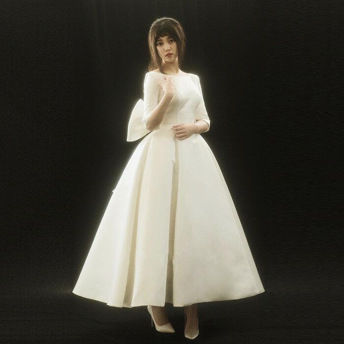 ウエディングドレス 二次会 ミモレ丈 袖付き 袖あり 花嫁二次会 パーティー 結婚式 海外挙式 前撮り 後撮り ブライダル 披露宴 ドレス エンパイア ワンピース_1
