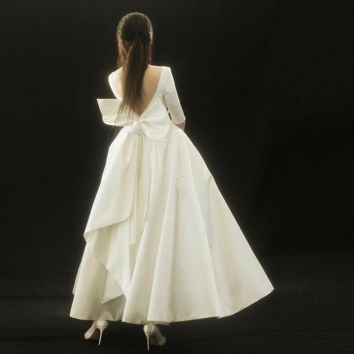 ウエディングドレス 二次会 ミモレ丈 袖付き 袖あり 花嫁二次会 パーティー 結婚式 海外挙式 前撮り 後撮り ブライダル 披露宴 ドレス エンパイア ワンピース_2