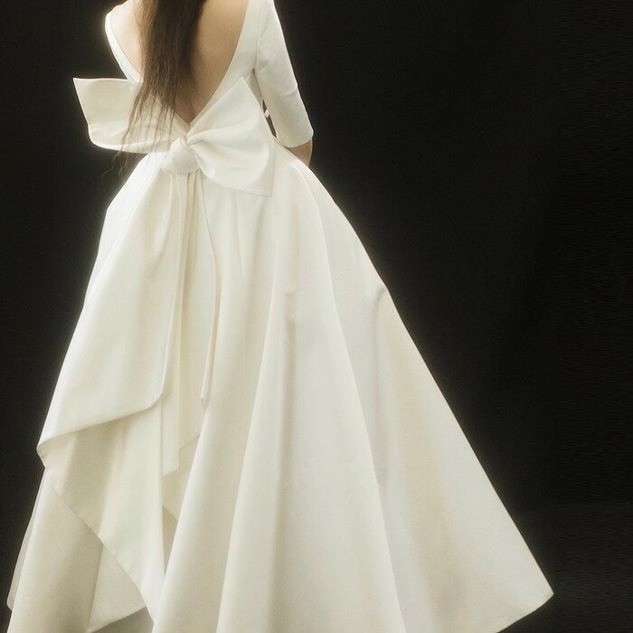 ウエディングドレス 二次会 ミモレ丈 袖付き 袖あり 花嫁二次会 パーティー 結婚式 海外挙式 前撮り 後撮り ブライダル 披露宴 ドレス エンパイア ワンピース_3
