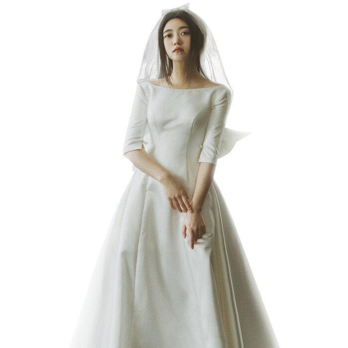 ウエディングドレス 二次会 ミモレ丈 袖付き 袖あり 花嫁二次会 パーティー 結婚式 海外挙式 前撮り 後撮り ブライダル 披露宴 ドレス エンパイア ワンピース_4