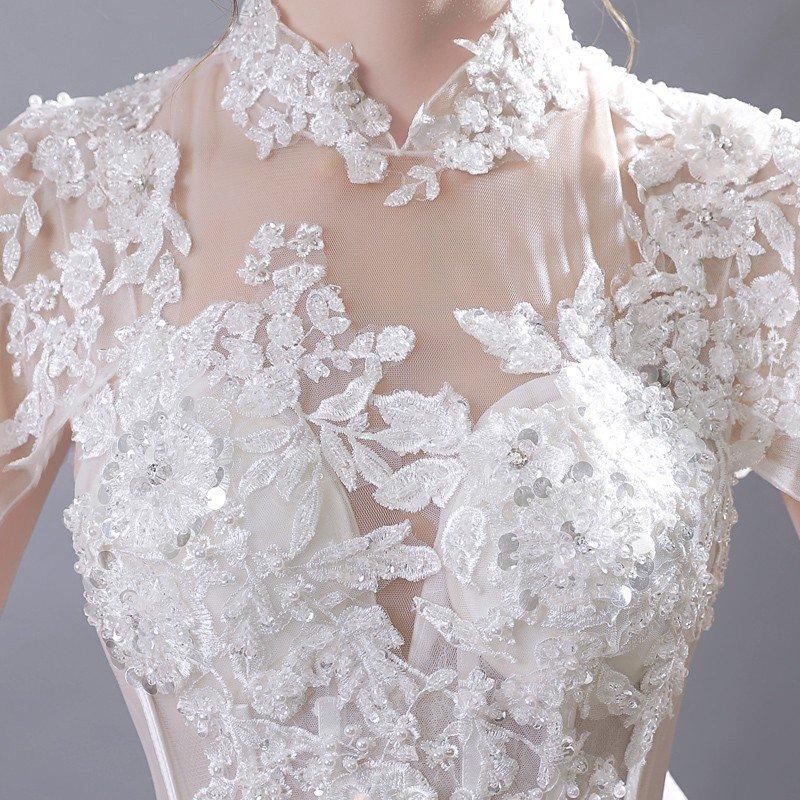 ウェディングドレス 花嫁 半袖 ウエディングドレス 格安 ブライダル 白 レーススカート 結婚式 プリンセスラインドレス 二次会 パーティードレス_5