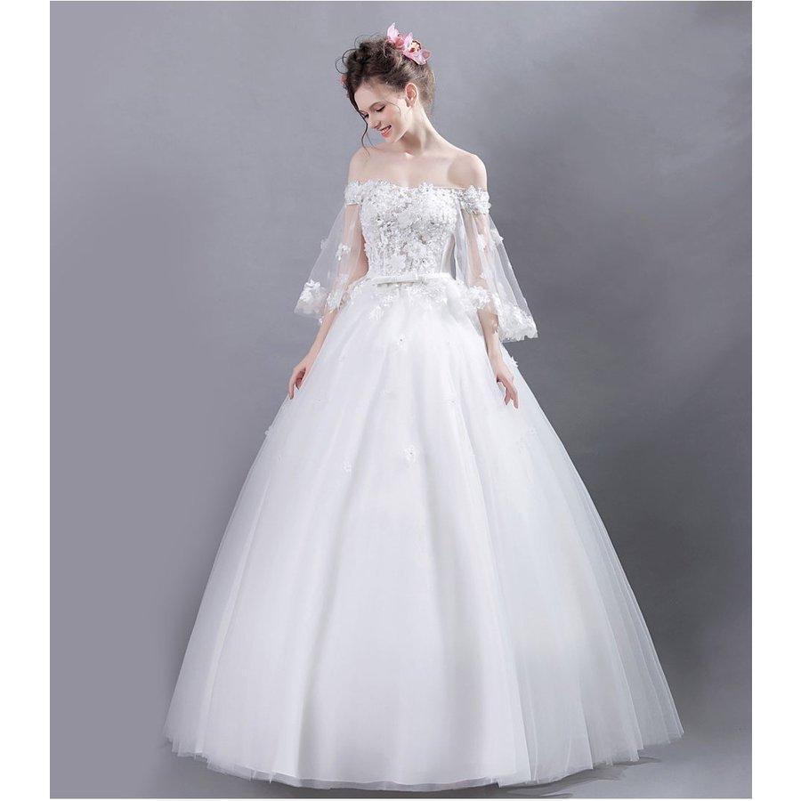 ウェディングドレス 花嫁 長袖 ウエディングドレス 格安 ブライダル 白 レーススカート 結婚式 プリンセスラインドレス 二次会 パーティードレス_2