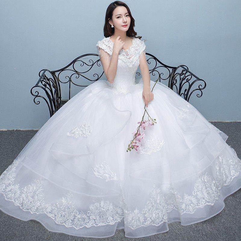 ウェディングドレス 白 安い 結婚式 花嫁  調節 プリンセス ロングドレス ブライダル 二次会 パーティードレス 披露宴 イブニングドレス wedding dressの画像