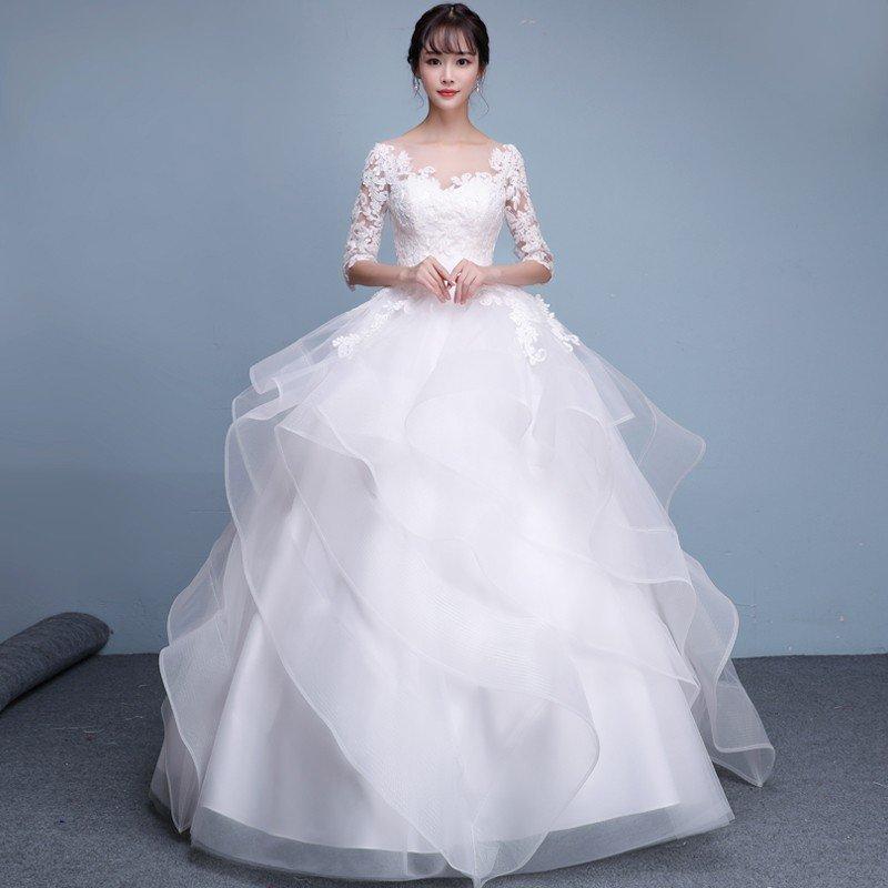 ウェディングドレス 白 安い レース 長袖 結婚式 花嫁 調節 プリンセス ロングドレス ブライダル 二次会 パーティードレス 披露宴 イブニングドレス