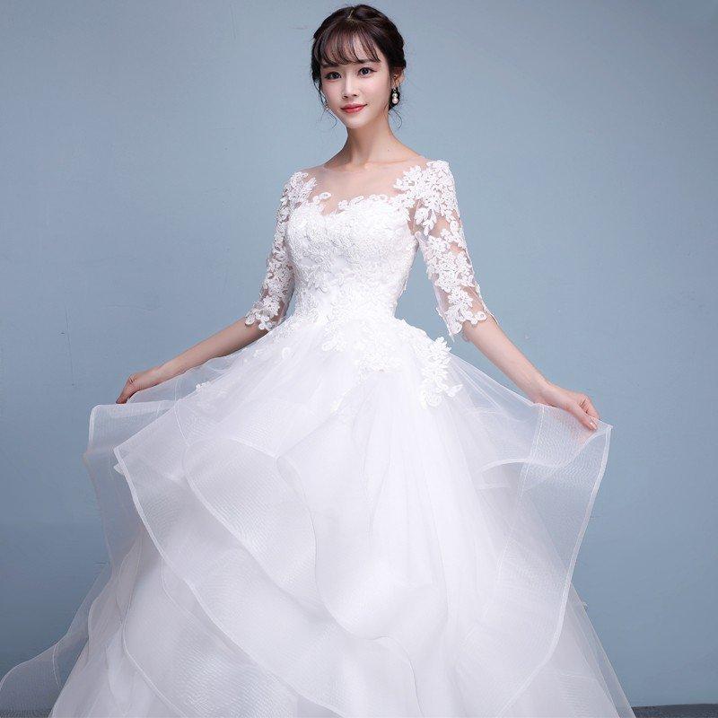 ウェディングドレス 白 安い レース 長袖 結婚式 花嫁 調節 プリンセス ロングドレス ブライダル 二次会 パーティードレス 披露宴 イブニングドレス_1