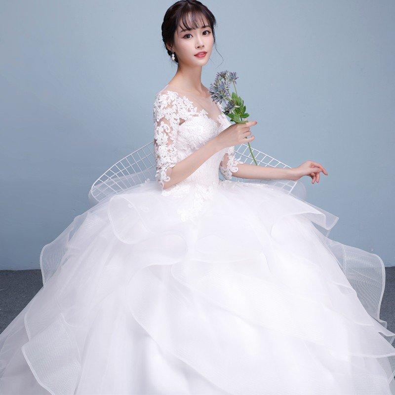 ウェディングドレス 白 安い レース 長袖 結婚式 花嫁 調節 プリンセス ロングドレス ブライダル 二次会 パーティードレス 披露宴 イブニングドレス_2
