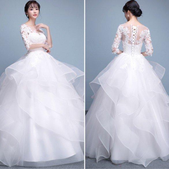 ウェディングドレス 白 安い レース 長袖 結婚式 花嫁 調節 プリンセス ロングドレス ブライダル 二次会 パーティードレス 披露宴 イブニングドレス_3
