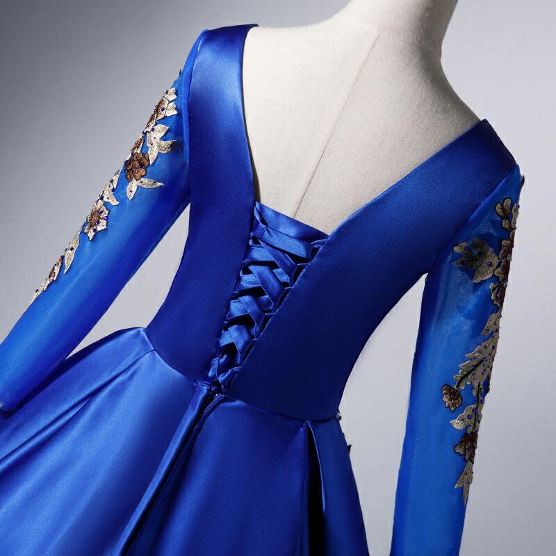 パーティードレス カラードレス Aラインドレス ロングドレス ステージ衣装 フォーマルドレス 花紺 長袖 青 舞台 イブニングドレス コンサート 40代 50代 60代_4