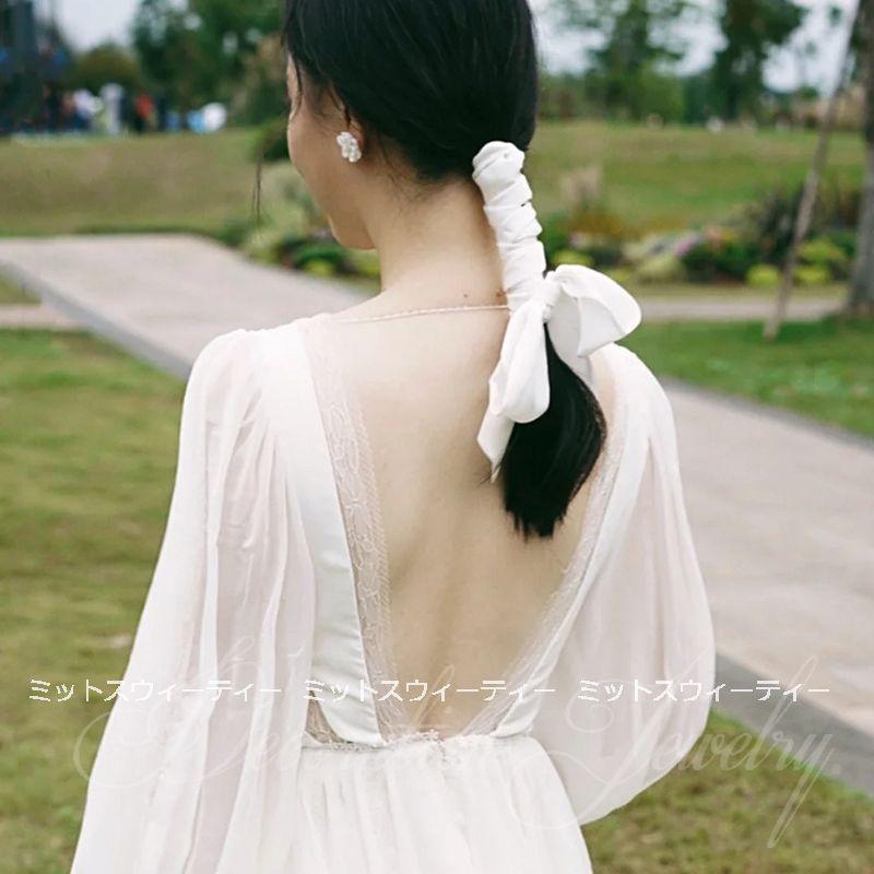 ホワイト即納 ウエディング ヘアバンド リボン シャンパン 髪飾り 花嫁