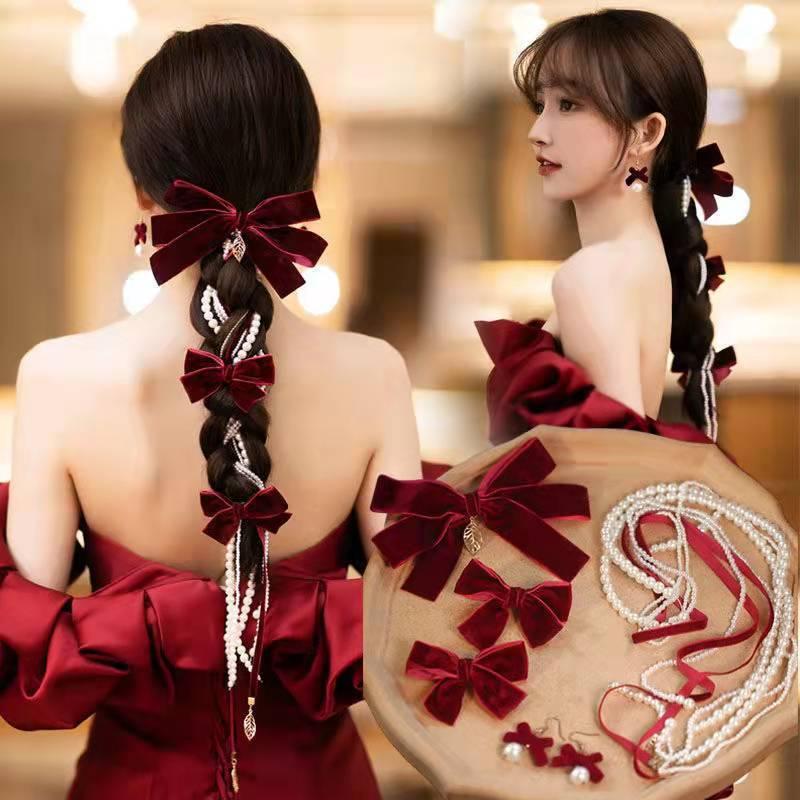 ウエディング ヘッドドレス リボン 赤 ヘアピン ベルベット パール 髪