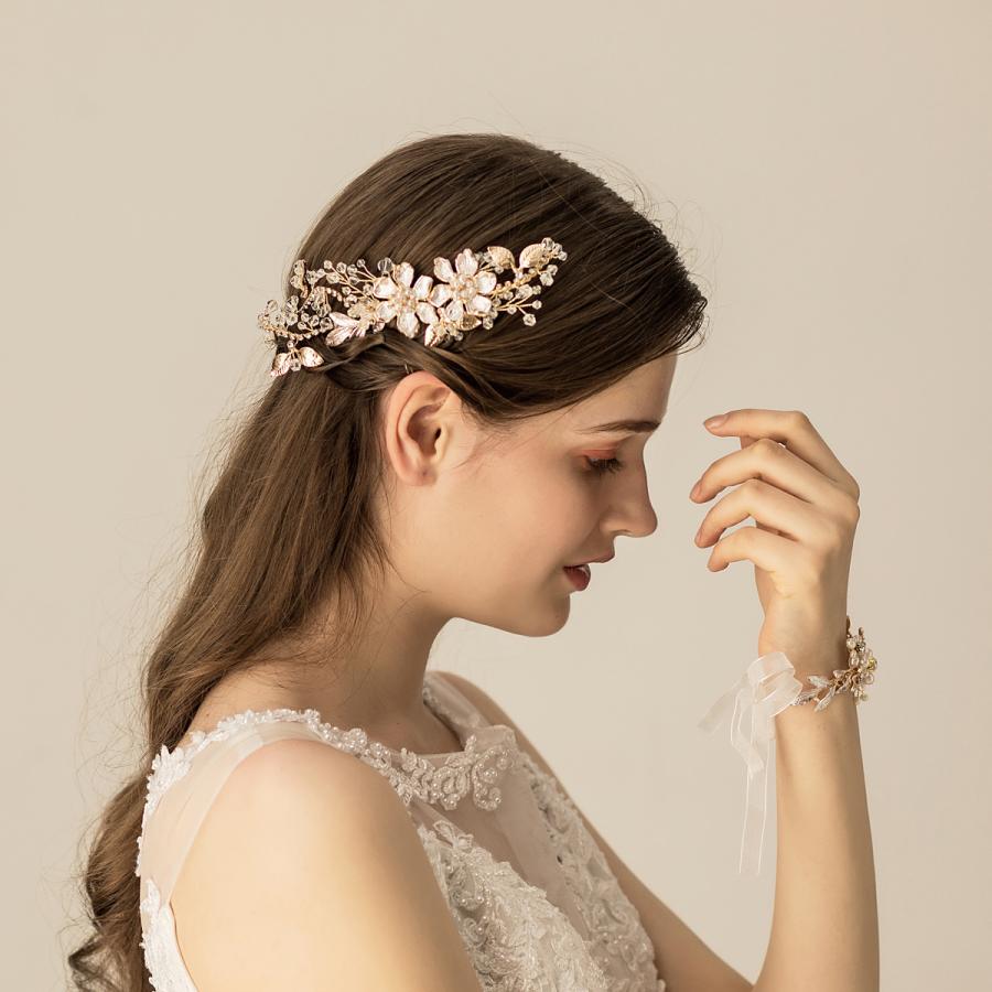 ウエディング ヘッドドレス フラワー ゴールド 花 髪飾り 花嫁 ウエディング ヘッドドレス フラワー ゴールド 花 髪飾り 花嫁