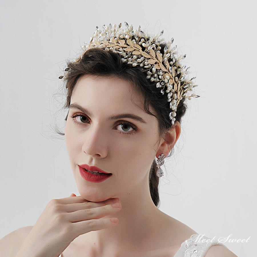 ウェディングヘッドドレス カチューシャ ティアラ リーフ 結婚式 前撮り 二次会 発表会 ブライダル パーティー 花嫁 披露宴 ウエディング ゴールド シルバー | 