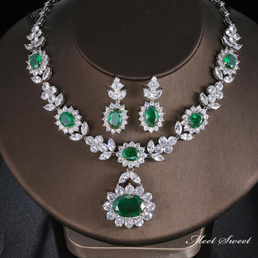 ウェディングネックレス ピアス セット グリーン 緑 ステージ