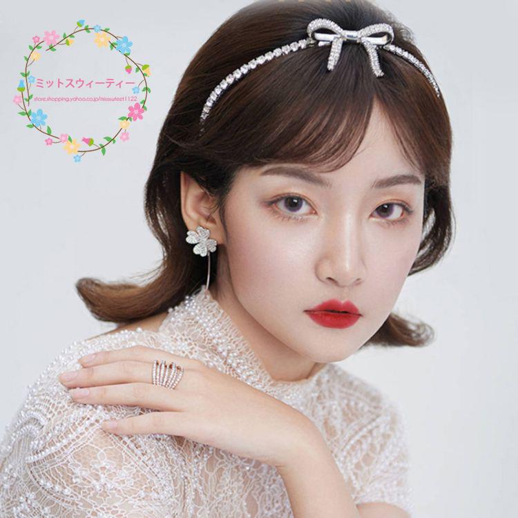 ウェディングカチューシャ 花嫁 カチューシャ 結婚式 ヘッドドレス ウエディング 髪飾り リボン ラインストーン ブライダル 演奏