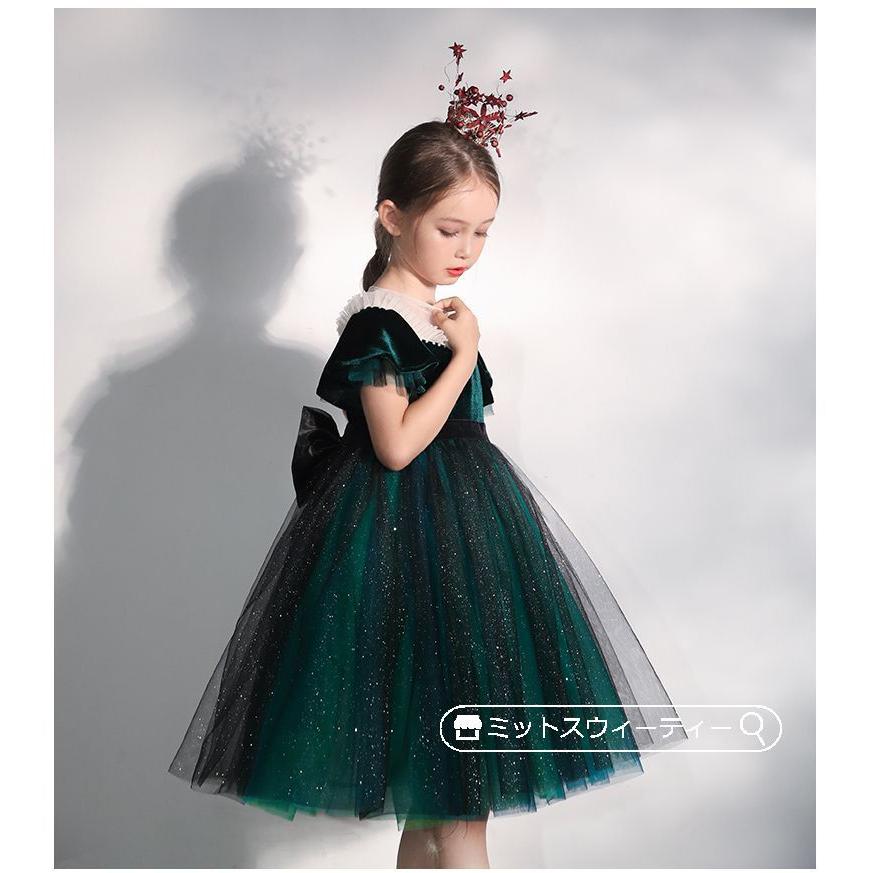 キッズドレス 女の子 子供 ロングドレス 濃い緑 ピアノ発表会