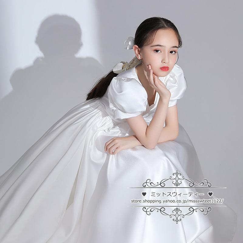 キッズ ドレス 子供ドレス ワンピース ホワイト パフスリーブ 女の子 ピアノ 発表会 フォーマル 子どもドレス リングガール イベント 白 ステージ衣装 お姫様の画像