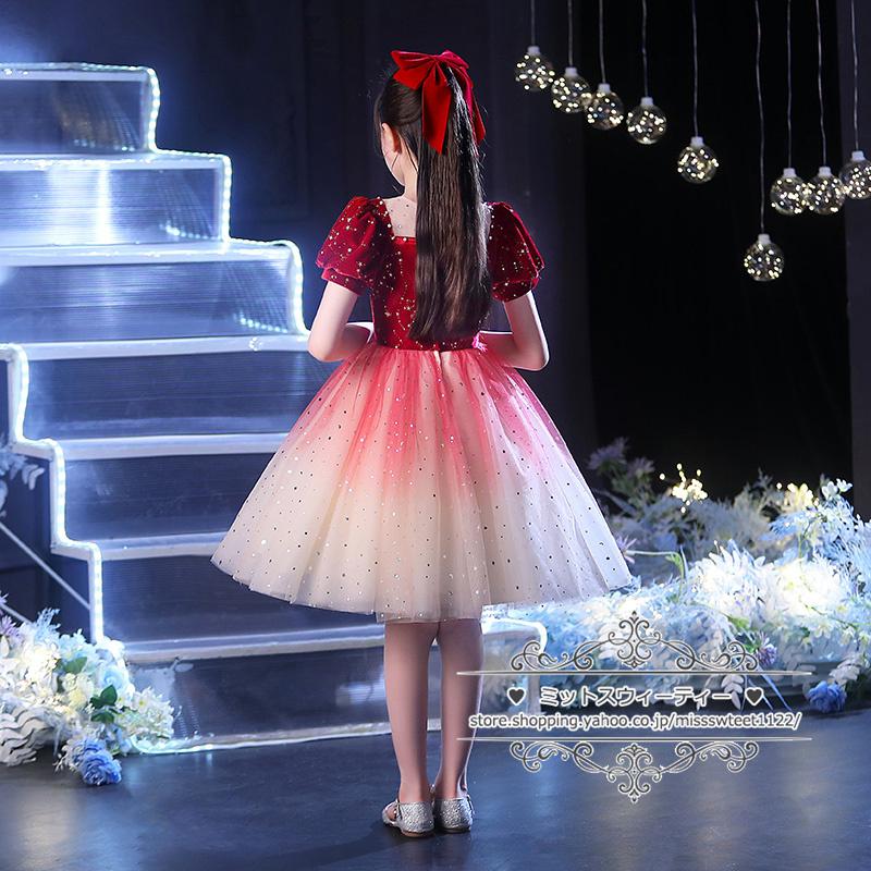 キッズ ドレス 子供ドレス パフスリーブ ミニドレス 赤 レッド