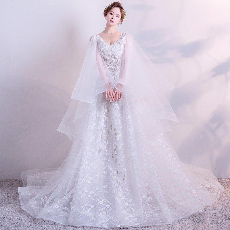 ウエディングドレス aライン 安い 長袖 ブライダル ウェディングドレス ロング 花嫁 結婚式 白 パーティードレス 二次会 ワンピース 演奏会 イブニングドレス