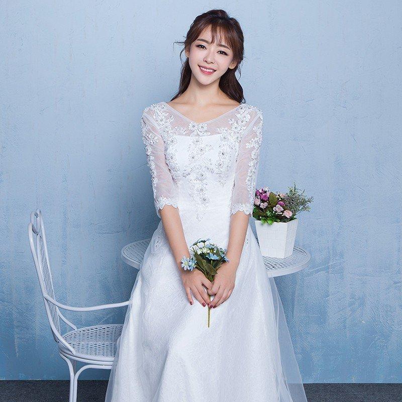 ウエディングドレス ウェディングドレス aライン 白 安い 袖あり 上品 花嫁 結婚式  パーティードレス 二次会 ブライダル ロングドレス イブニングドレスの画像