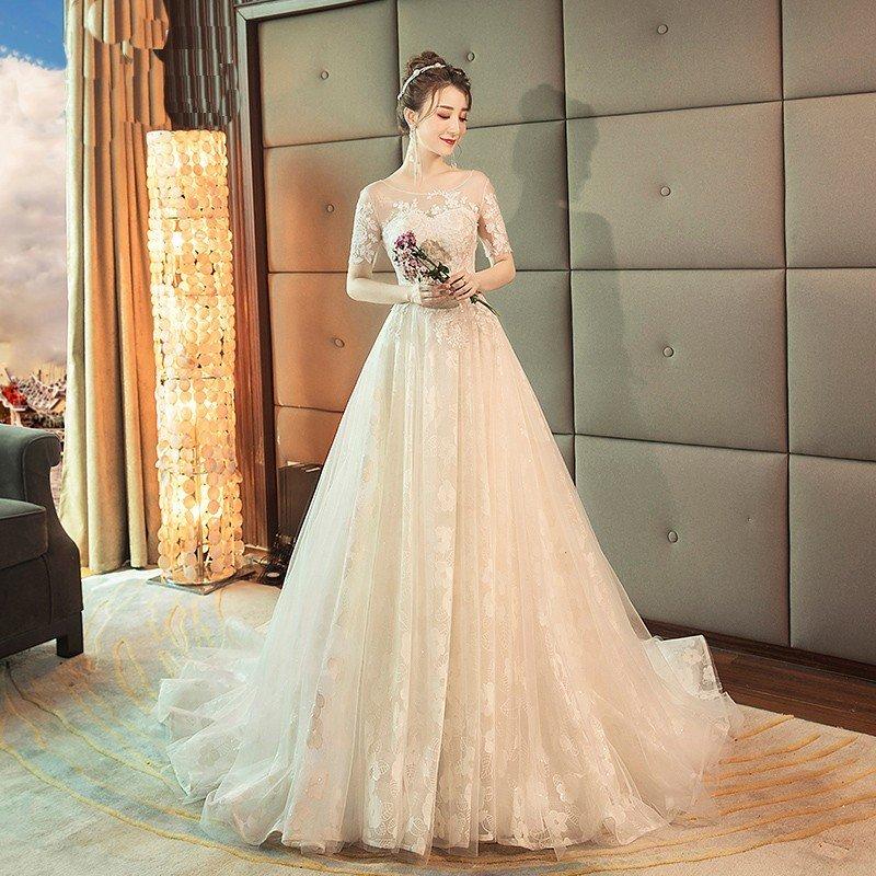 ウエディングドレス 安い 白 ロングドレス 袖あり 結婚式 花嫁 ブライダル ウエディングドレス aライン 二次会 パーティードレス 演奏会 フォーマルドレス