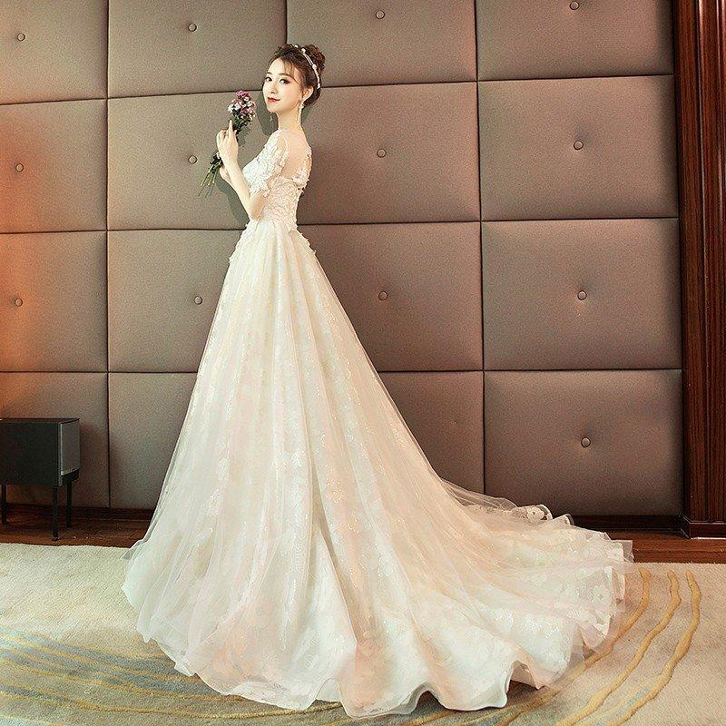 ウエディングドレス 安い 白 ロングドレス 袖あり 結婚式 花嫁 ブライダル ウエディングドレス aライン 二次会 パーティードレス 演奏会 フォーマルドレス_1