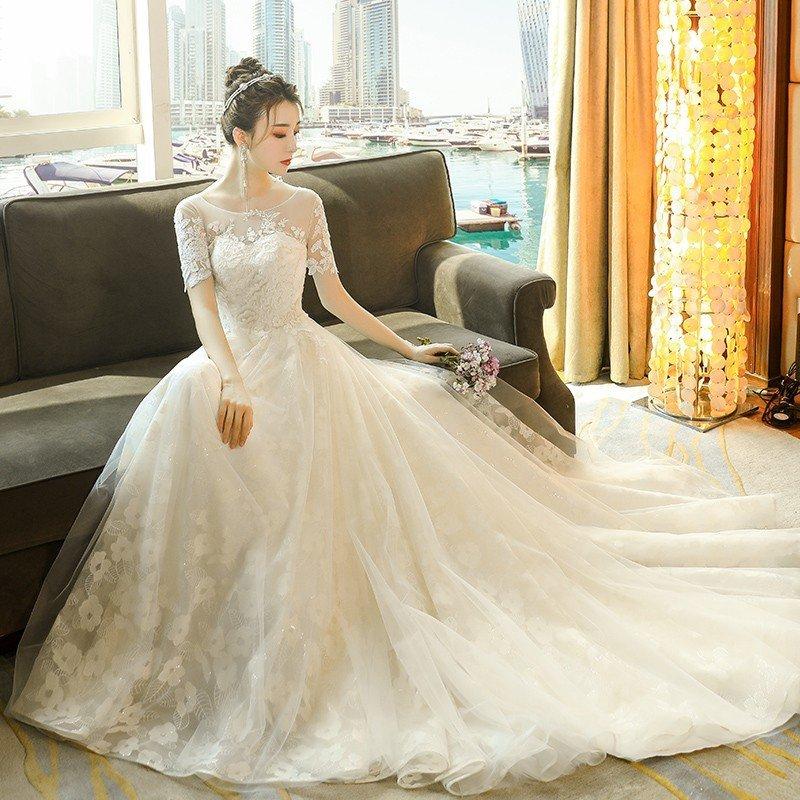 ウエディングドレス 安い 白 ロングドレス 袖あり 結婚式 花嫁 ブライダル ウエディングドレス aライン 二次会 パーティードレス 演奏会 フォーマルドレス_3