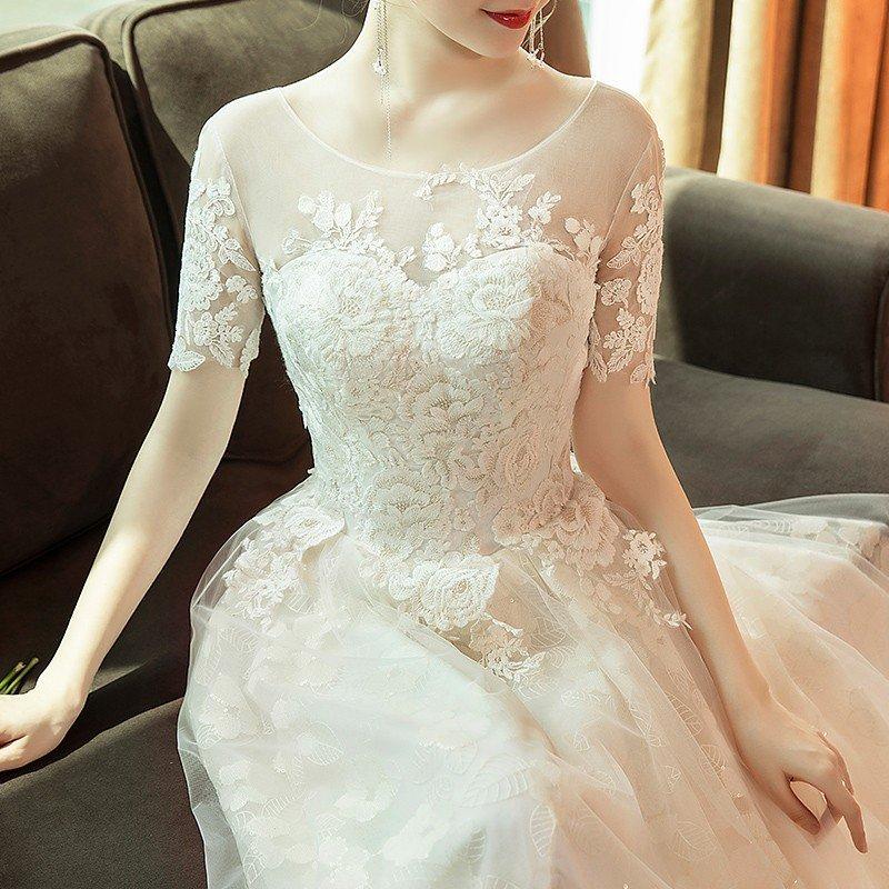 ウエディングドレス 安い 白 ロングドレス 袖あり 結婚式 花嫁 ブライダル ウエディングドレス aライン 二次会 パーティードレス 演奏会 フォーマルドレス_4
