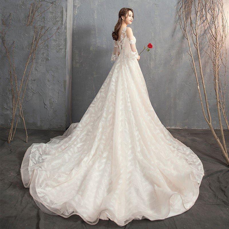 ウエディングドレス 安い カラー 袖あり ロングドレス 結婚式 花嫁 ブライダル ウエディングドレス aライン 二次会 パーティードレス 演奏会 フォーマルドレスの画像