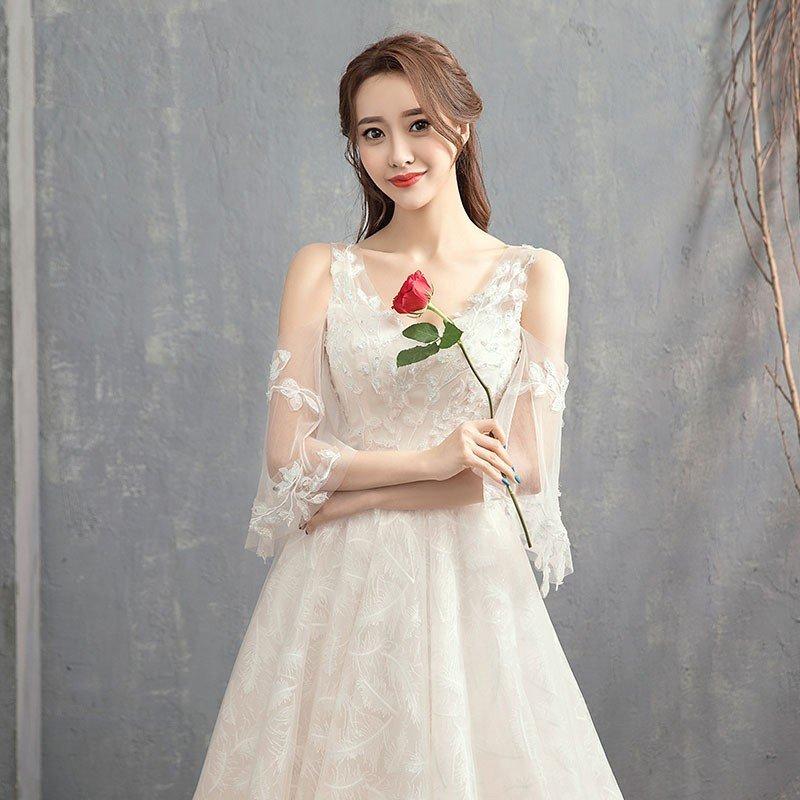 ウエディングドレス 安い カラー 袖あり ロングドレス 結婚式 花嫁 ブライダル ウエディングドレス aライン 二次会 パーティードレス 演奏会 フォーマルドレスの画像