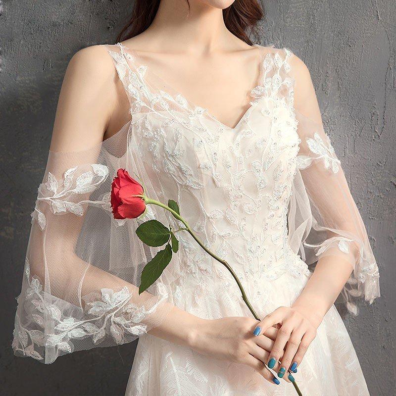 ウエディングドレス 安い カラー 袖あり ロングドレス 結婚式 花嫁 ブライダル ウエディングドレス aライン 二次会 パーティードレス 演奏会 フォーマルドレスの画像
