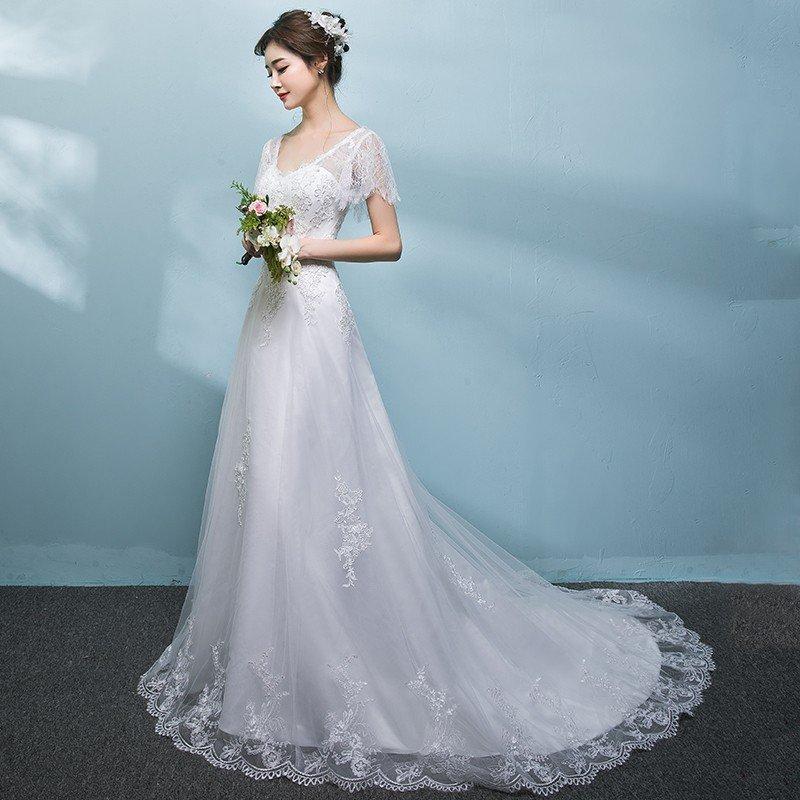 ウエディングドレス aライン 白 半袖 安い ウェディングドレス 花嫁 結婚式 ブライダル パーティードレス 二次会 ブライダル ロングドレス  イブニングドレス