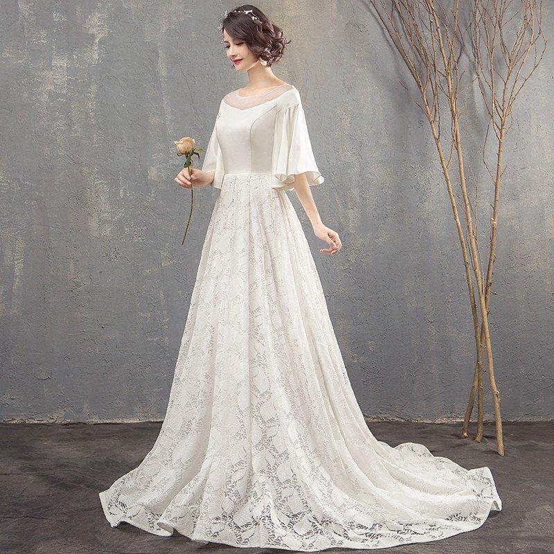 ウエディングドレス 安い レース 白 半袖 ロングドレス 結婚式 花嫁