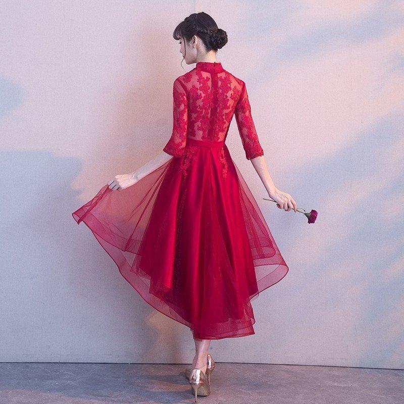 カラードレス ミニ 赤 七分袖 前ミニ丈 結婚式 10代 20代 30代 披露宴