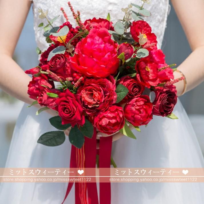 ウエディングブーケ ブーケ 赤 結婚式 安い 花嫁 ブライダルブーケ 二次会 造花 手作り ブートニア Ph042 ミットスウィーティー 通販 Yahoo ショッピング
