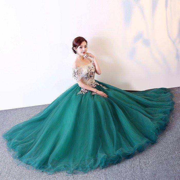 ミントグリーン フラワー装飾 ロングドレス　演奏会　カラードレス 発表会 カラードレス ミント色 演奏会 プリンセスラインドレス ビスチェドレス